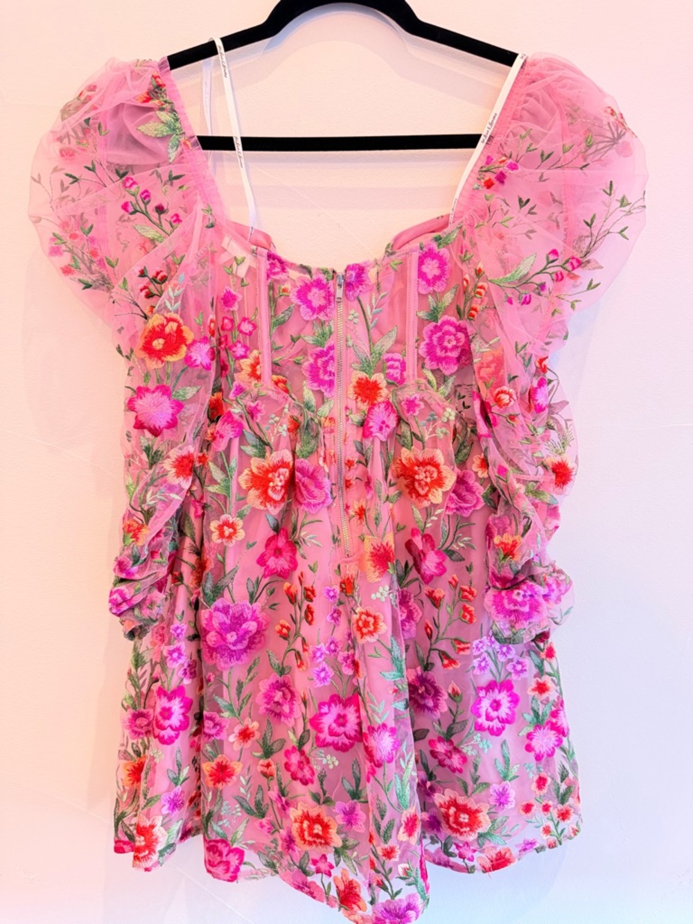 For Love & Lemons Pink Floral Embroidered Puff-Sleeve Mini Dress - Picture 5 of 6